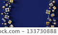 A navy blue background with lots of gold present gifts 133730888