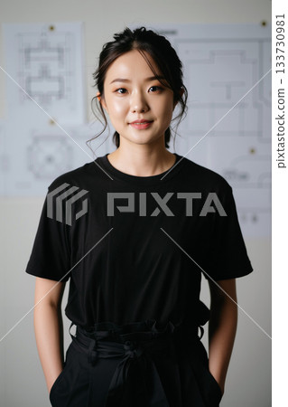Young Designer Presents Architectural Plans in Studio During Daylight Hours 133730981