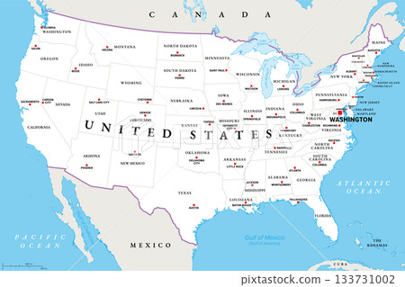 United States mainland, political map with capitals. The contiguous United States, consisting of 48 adjoining U.S. states and the District of Columbia in North America. Illustration. Vector 133731002