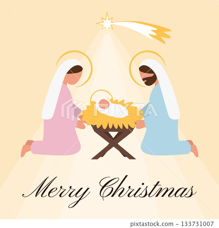 Greeting card, background Holy Family nativity scene with Mary, Joseph and baby Jesus under the bright Bethlehem star 133731007