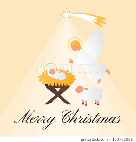 Greeting card angel and lamd watching over baby Jesus in a peaceful nativity scene under bright Bethlehem star warm background 133731008
