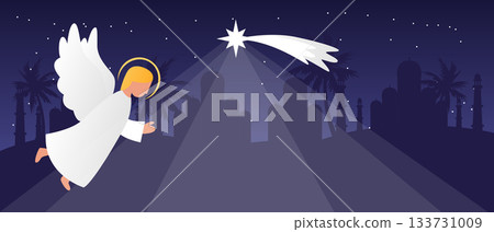 Flying angel bringing blessings over the nativity scene at night with shining Bethlehem star on dark night sky background 133731009