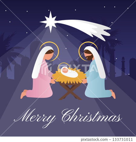 Greeting card, background Holy Family nativity scene with Mary, Joseph and baby Jesus under the bright Bethlehem star on dark night sky background 133731011