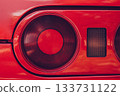 A bright red sports car, seen from the rear, with large round taillights. A stylish retro feel and a strong emphasis on the car's design. Car racing, street racing. 133731122