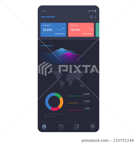 Dark mode business analytics dashboard interface for mobile application colorful charts black background financial statistics or data monitoring system Dark mode business analytics dashboard interface for mobile application colorful charts black background financial statistics or data monitoring system 133731148