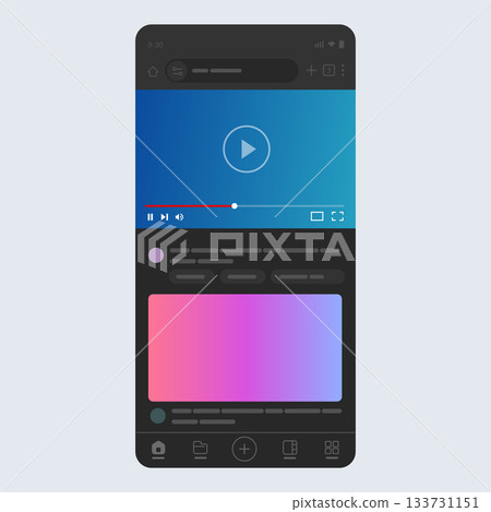 Smartphone screen interface video player portrait dark theme suggested content below vector illustration for mobile streaming app video playback Smartphone screen interface video player portrait dark theme suggested content below vector illustration for mobile streaming app video playback 133731151