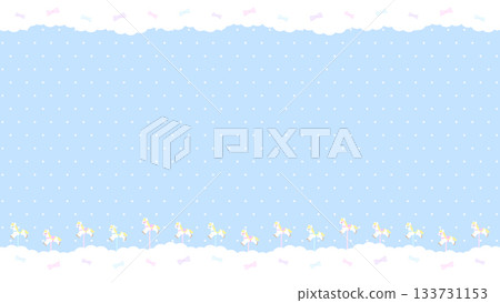 精美的藍色邊框，圖案是一匹毛茸茸的絲帶搖搖馬，尺寸為 16:9。 133731153