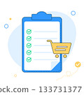 Shopping cart with checklist, vector icon for e-commerce or planning. Vector illustration 133731377