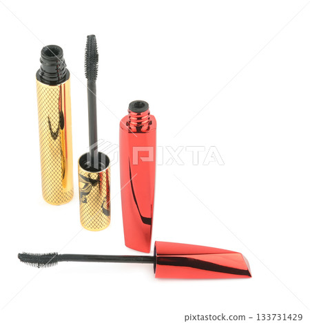 Luxury Gold and Red Mascara Tubes with Applicator Brushes Isolated 133731429