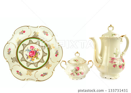 Elegant Vintage Porcelain Tea Set with Floral Pattern and Gold Trim 133731431