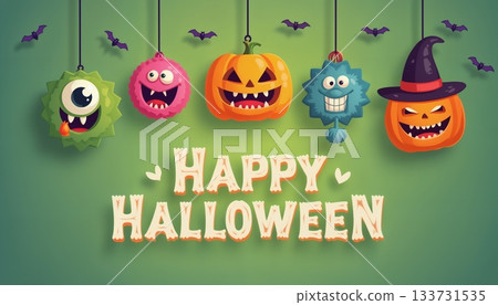 illustration of Halloween decorations with pumpkins and monster faces on a green color background 133731535