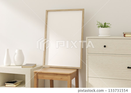 Thin Vertical Wooden Frame Mockup with Minimalist Design. 3D render. 133731554