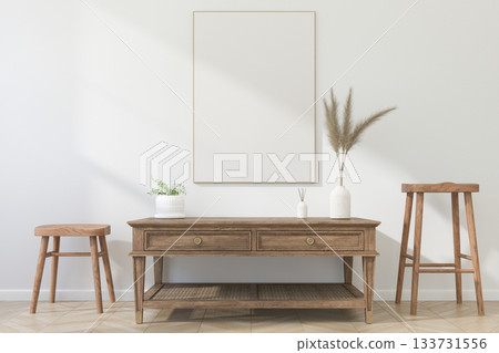 Thin Vertical Wooden Frame Mockup with Minimalist Design on Light Wall. 3D render. 133731556