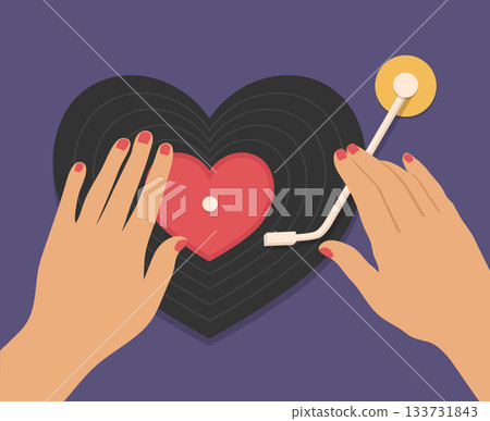 Female hands on retro vinyl record player. Heart shaped vinyl record. Top view. Vector illustration Female hands on retro vinyl record player. Heart shaped vinyl record. Top view. Vector illustration 133731843