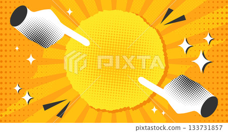 Pop art comic background decorated with pointing hands. Retro style background with color halftone, dots and rays. Vector illustration 133731857