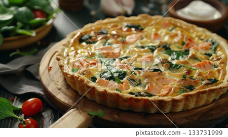 quiche with spinach and salmon and bechamel sauce 133731999