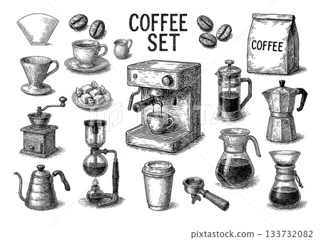 咖啡用具套裝，鋼筆畫插圖，咖啡用套裝 133732082