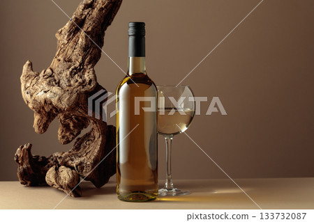 White wine and old snag on a beige background. 133732087