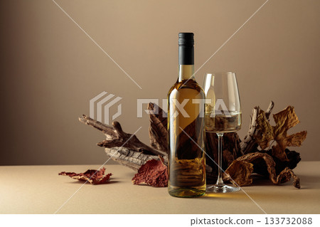White wine and snags on a beige background. 133732088