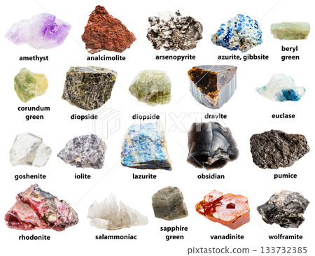 set of samples of rough rocks with names isolated 133732385