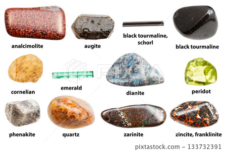 set of sample of polished rocks with name isolated 133732391