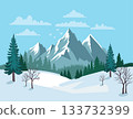 Winter landscape illustration with snowy mountains, pine trees 133732399
