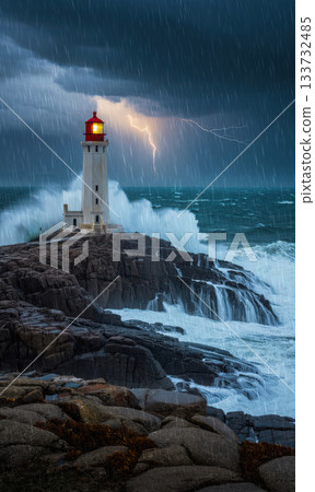 A lighthouse stands on a rocky island in a fierce storm. Rain lashes down, and huge waves crash against the shore. The tower glowing lamp symbolizing guidance amidst turbulent conditions 133732485