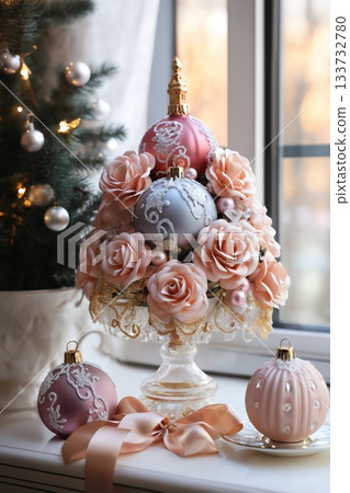 Christmas tree made from flowers for New Year's holidays, winter season 133732780