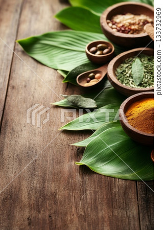 Vibrant and Colorful Spices Arranged in Natural Bowls Set Against a Background of Lush Tropical Leaves 133732969