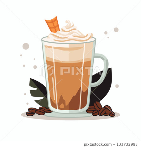 Caramel latte with whipped cream and a wafer stick in a glass mug on a white background Caramel latte with whipped cream and a wafer stick in a glass mug on a white background 133732985