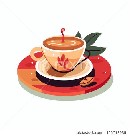 Warm cup of Coffee sitting on a Plate with a Coffee Bean and Leaves 133732986