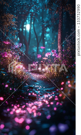 An Enchanting Moonlit Forest Pathway that features Blossoming Flowers and has a Serene Atmosphere around it 133732990