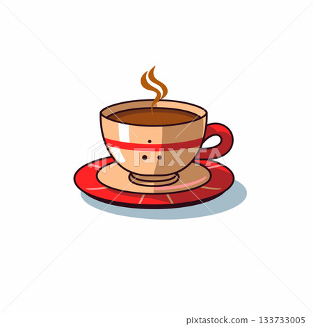 Cup of hot coffee with steam on a red saucer in simple cartoon style 133733005