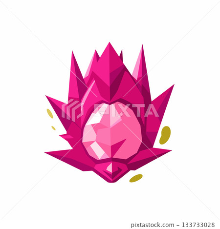 A pink gem-like figure constructed from geometric shapes is depicted against a white backdrop. The figure is adorned with golden accent marks, creating a striking visual contrast. 133733028
