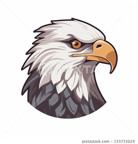 Illustration of a bald Eagle head. It features a white head, brown eye, and yellow beak. The neck and body have dark gray and white feathers. 133733029
