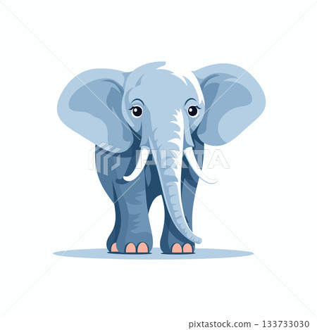 A stylized, light blue elephant with big ears and small tusks stands facing forward. The drawing has simple lines and is set against a plain white background. 133733030