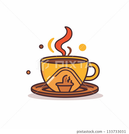 Yellow cup of coffee with steam and saucer illustration on white background 133733031