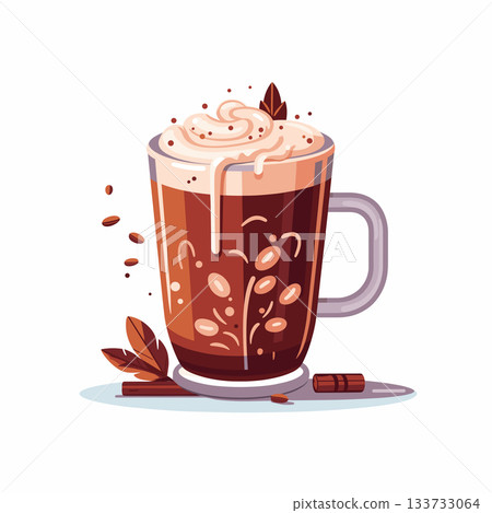 A steaming mug filled with hot chocolate, topped with whipped cream, is shown. Cinnamon sticks and coffee beans surround the drink, creating a cozy feeling. A steaming mug filled with hot chocolate, topped with whipped cream, is shown. Cinnamon sticks and coffee beans surround the drink, creating a cozy feeling. 133733064