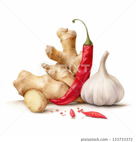 Fresh ginger root, red chili pepper, and garlic cloves arranged artistically on a white background, showcasing vibrant colors and textures in culinary art Fresh ginger root, red chili pepper, and garlic cloves arranged artistically on a white background, showcasing vibrant colors and textures in culinary art 133733372