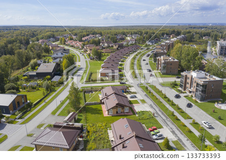 Aerial view of cottage village and endless forest near Akademgorodok, Novosibirsk, Russia, in summer 133733393