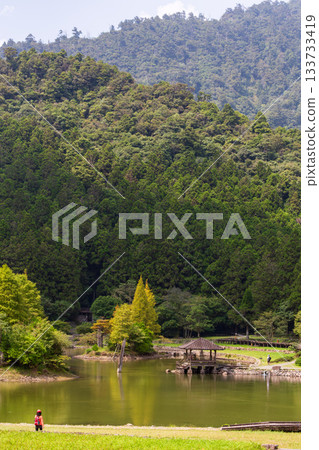翠綠高山樹林環繞下的寧靜湖畔景色 翠綠高山樹林環繞下的寧靜湖畔景色 133733419