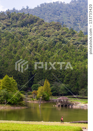翠綠高山樹林環繞下的寧靜湖畔景色 翠綠高山樹林環繞下的寧靜湖畔景色 133733420
