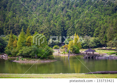 翠綠高山樹林環繞下的寧靜湖畔景色 133733421