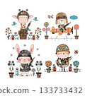 A set of illustrations featuring a giraffe, bunny, puppy, and bird in stylized military outfits, surrounded by flowers and decorative plants. Soft cartoon style focused on charm and whimsy 133733432
