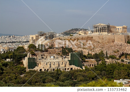Panoramic view of Athens with Acropolis hill on a hot summer day in Greece. Reconstruction period 133733462
