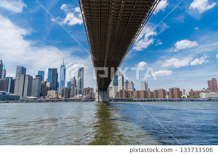 Manhattan cityscape with skyscraper architecture. Brooklyn bridge to Manhattan. Urban architecture of New York city. Brooklyn bridge of New York city. Brooklyn landmark 133733506