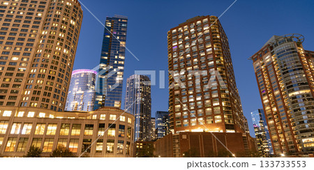 Night city of Chicago. Business city. Night cityscape of Chicago skyscraper building. Chicago architecture of skyscraper. City night illuminated building. Skyscraper cityscape. Illuminated landmark 133733553