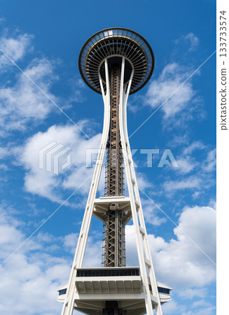Seattle landmark. Space Needle observation tower. Modern Seattle architectural landmark. Architecture of Space needle. Seattle with Space Needle tower, traveling. Tower architecture landmark Seattle landmark. Space Needle observation tower. Modern Seattle architectural landmark. Architecture of Space needle. Seattle with Space Needle tower, traveling. Tower architecture landmark 133733574