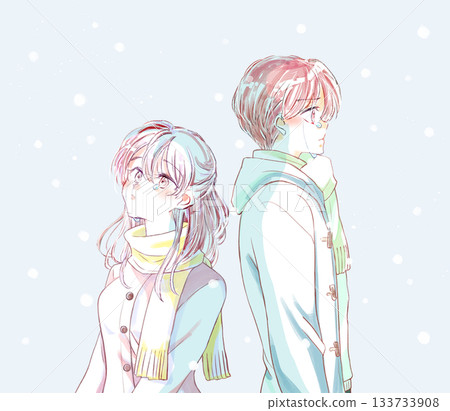 Back to back winter couple, tears, snow Back to back winter couple, tears, snow 133733908