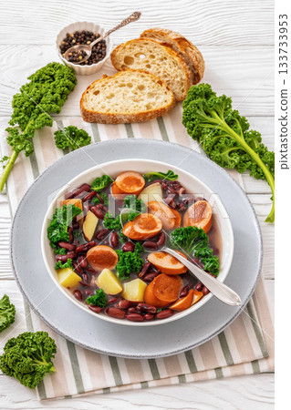 Red kidney bean, potato, kale and sausage soup Red kidney bean, potato, kale and sausage soup 133733953